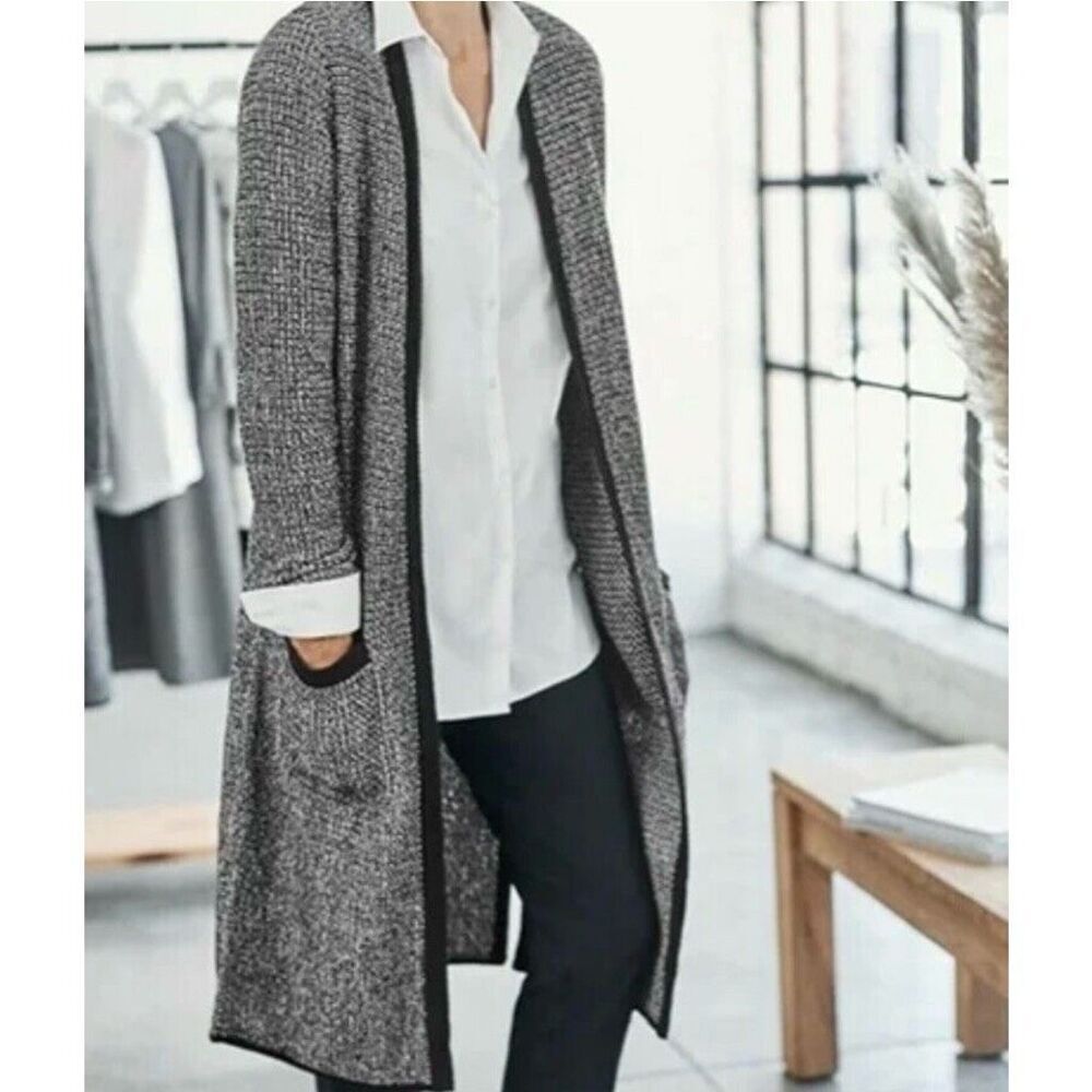 J. JILL | Black White Gray Long Line Duster Cardigan Sweater Knit | Size XL